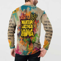Martin Luther King Graffiti Style Graphic Button Sweatshirt with Colorful Spray Paint Quotes and Crown Detail - Wonder Print Shop