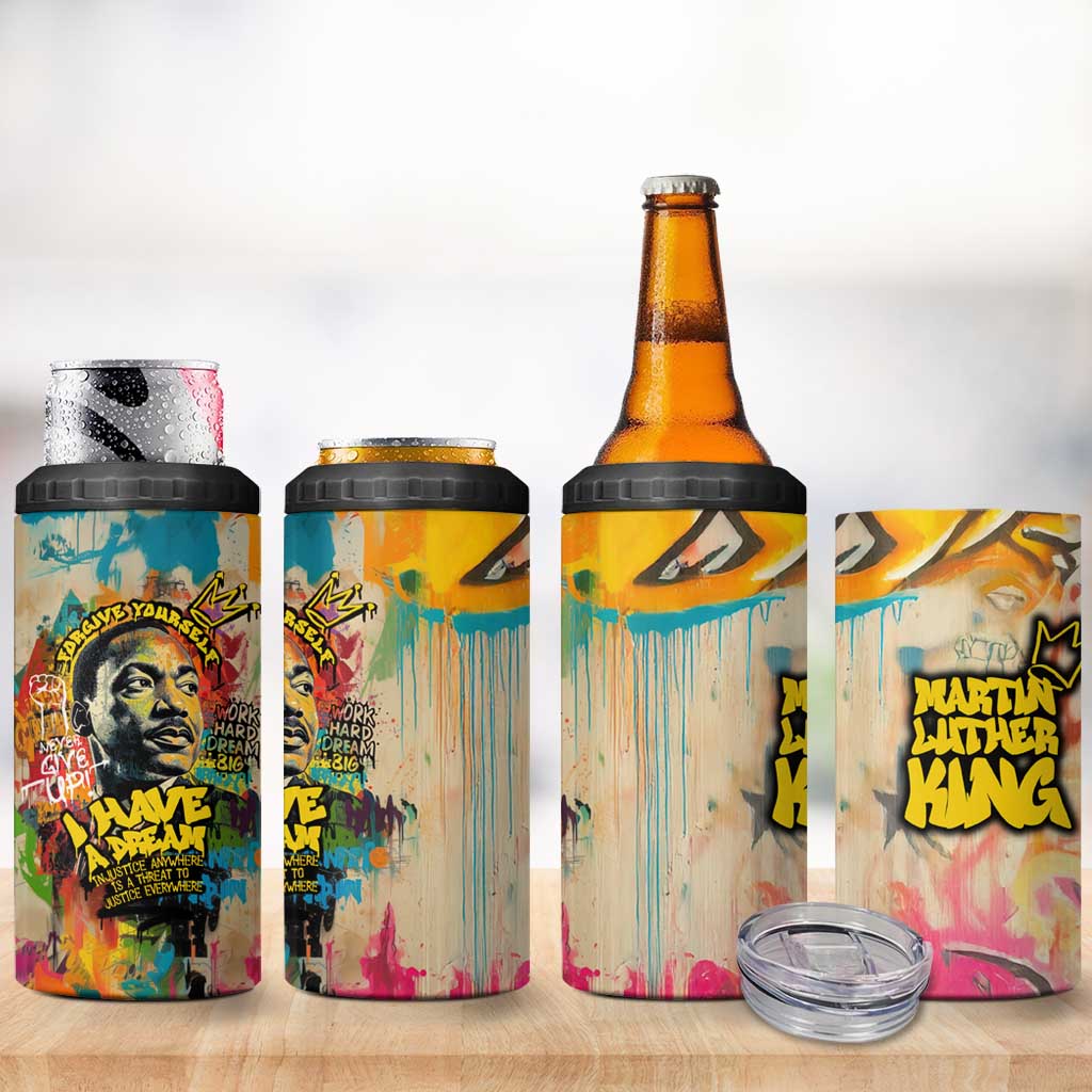 Martin Luther King Graffiti Style Graphic 4 in 1 Can Cooler Tumbler with Colorful Spray Paint Quotes and Crown Detail - Wonder Print Shop