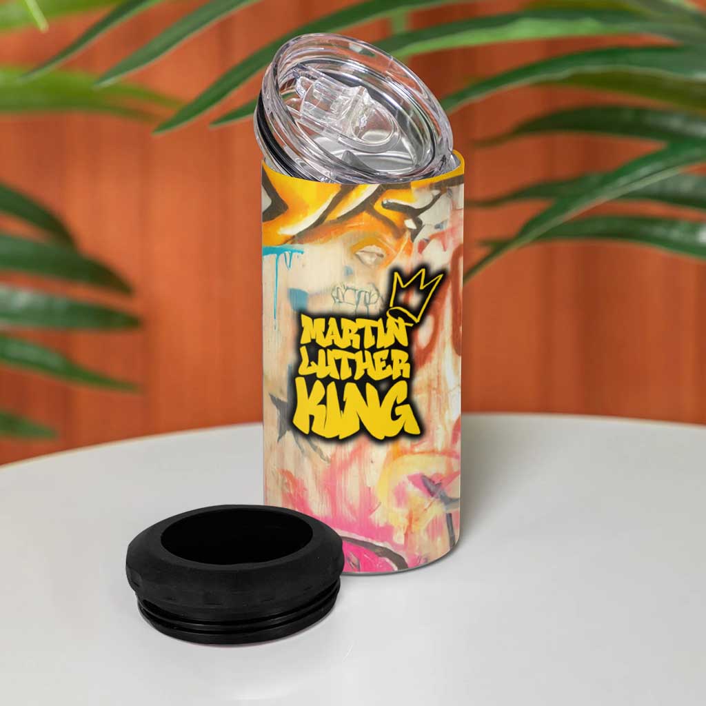 Martin Luther King Graffiti Style Graphic 4 in 1 Can Cooler Tumbler with Colorful Spray Paint Quotes and Crown Detail - Wonder Print Shop