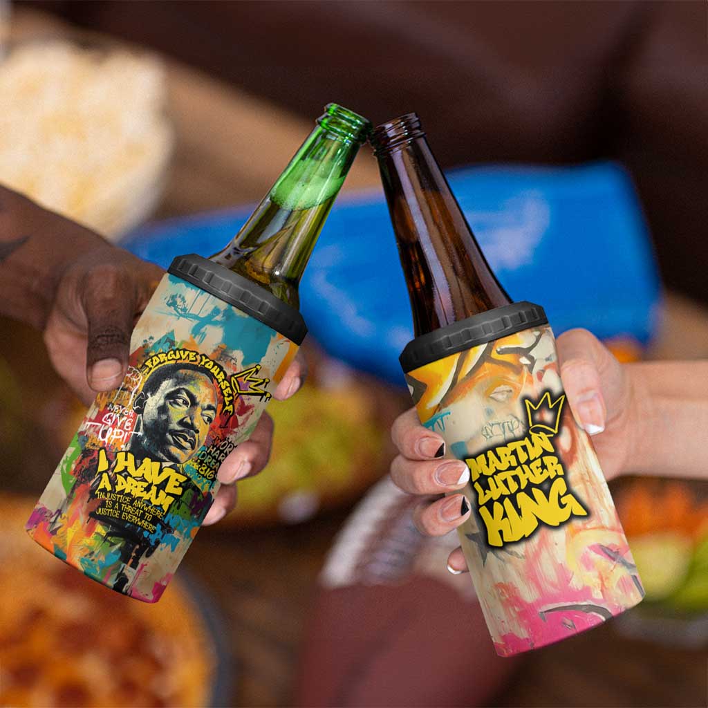 Martin Luther King Graffiti Style Graphic 4 in 1 Can Cooler Tumbler with Colorful Spray Paint Quotes and Crown Detail - Wonder Print Shop