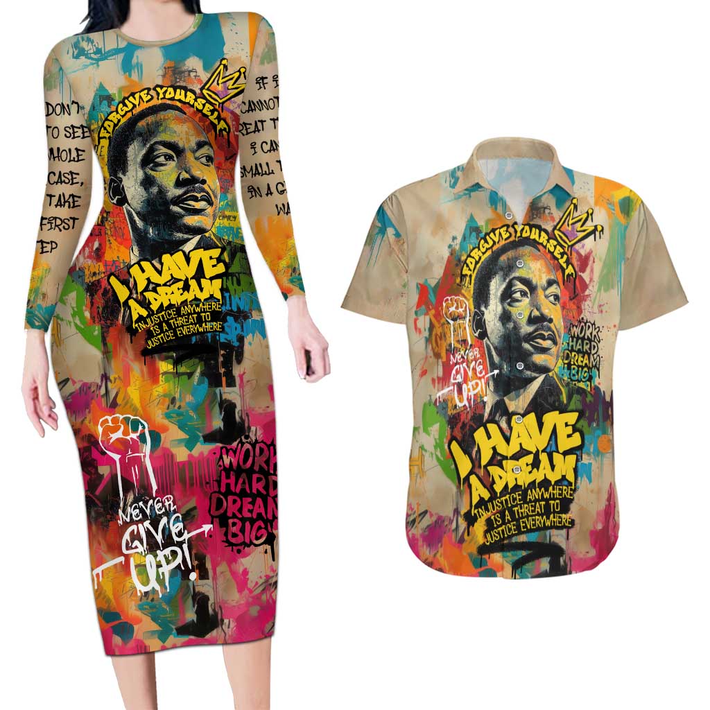 Martin Luther King Graffiti Style Graphic Couples Matching Long Sleeve Bodycon Dress and Hawaiian Shirt with Colorful Spray Paint Quotes and Crown Detail - Wonder Print Shop