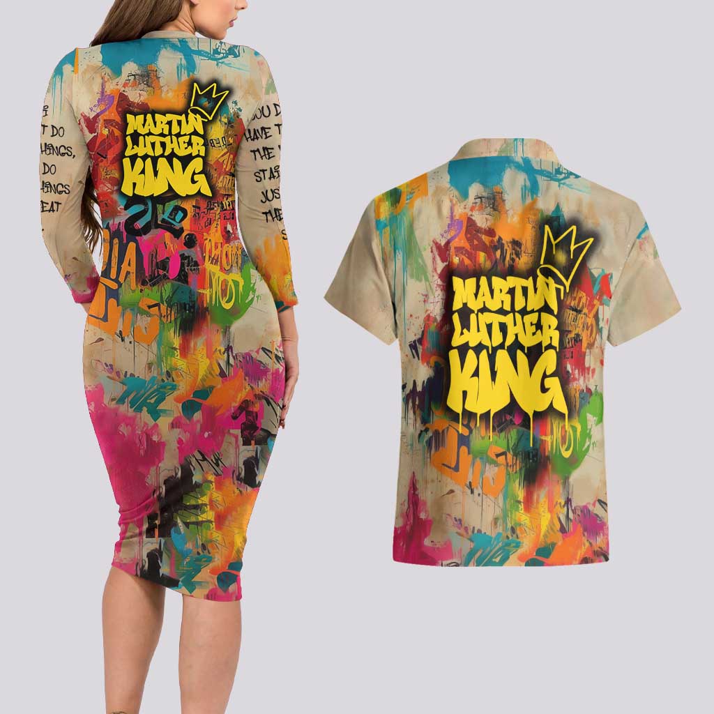 Martin Luther King Graffiti Style Graphic Couples Matching Long Sleeve Bodycon Dress and Hawaiian Shirt with Colorful Spray Paint Quotes and Crown Detail - Wonder Print Shop
