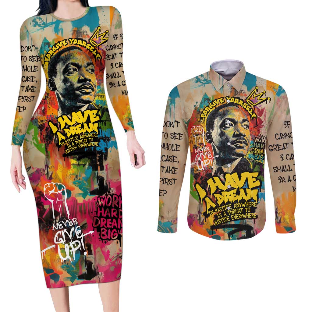 Martin Luther King Graffiti Style Graphic Couples Matching Long Sleeve Bodycon Dress and Long Sleeve Button Shirt with Colorful Spray Paint Quotes and Crown Detail - Wonder Print Shop