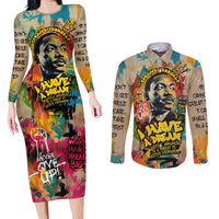 Martin Luther King Graffiti Style Graphic Couples Matching Long Sleeve Bodycon Dress and Long Sleeve Button Shirt with Colorful Spray Paint Quotes and Crown Detail - Wonder Print Shop