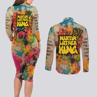 Martin Luther King Graffiti Style Graphic Couples Matching Long Sleeve Bodycon Dress and Long Sleeve Button Shirt with Colorful Spray Paint Quotes and Crown Detail - Wonder Print Shop