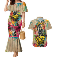 Martin Luther King Graffiti Style Graphic Couples Matching Mermaid Dress and Hawaiian Shirt with Colorful Spray Paint Quotes and Crown Detail - Wonder Print Shop