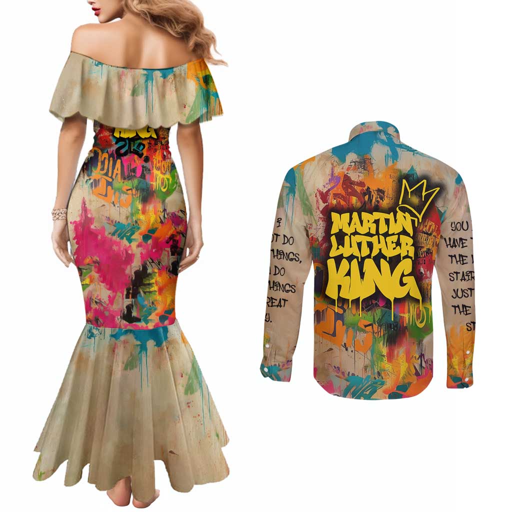 Martin Luther King Graffiti Style Graphic Couples Matching Mermaid Dress and Long Sleeve Button Shirt with Colorful Spray Paint Quotes and Crown Detail - Wonder Print Shop