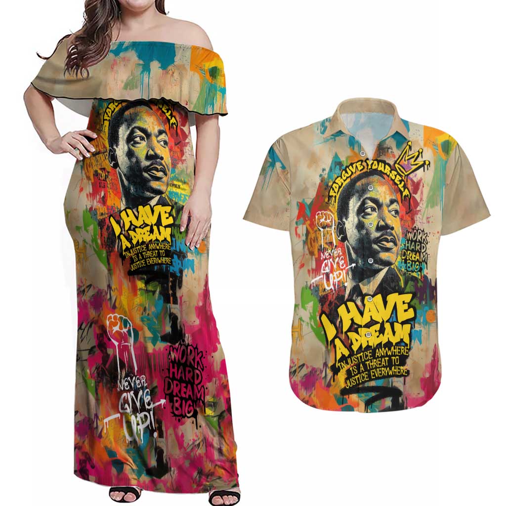 Martin Luther King Graffiti Style Graphic Couples Matching Off Shoulder Maxi Dress and Hawaiian Shirt with Colorful Spray Paint Quotes and Crown Detail - Wonder Print Shop