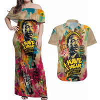 Martin Luther King Graffiti Style Graphic Couples Matching Off Shoulder Maxi Dress and Hawaiian Shirt with Colorful Spray Paint Quotes and Crown Detail - Wonder Print Shop