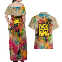 Martin Luther King Graffiti Style Graphic Couples Matching Off Shoulder Maxi Dress and Hawaiian Shirt with Colorful Spray Paint Quotes and Crown Detail - Wonder Print Shop