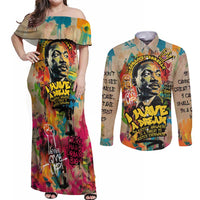 Martin Luther King Graffiti Style Graphic Couples Matching Off Shoulder Maxi Dress and Long Sleeve Button Shirt with Colorful Spray Paint Quotes and Crown Detail - Wonder Print Shop