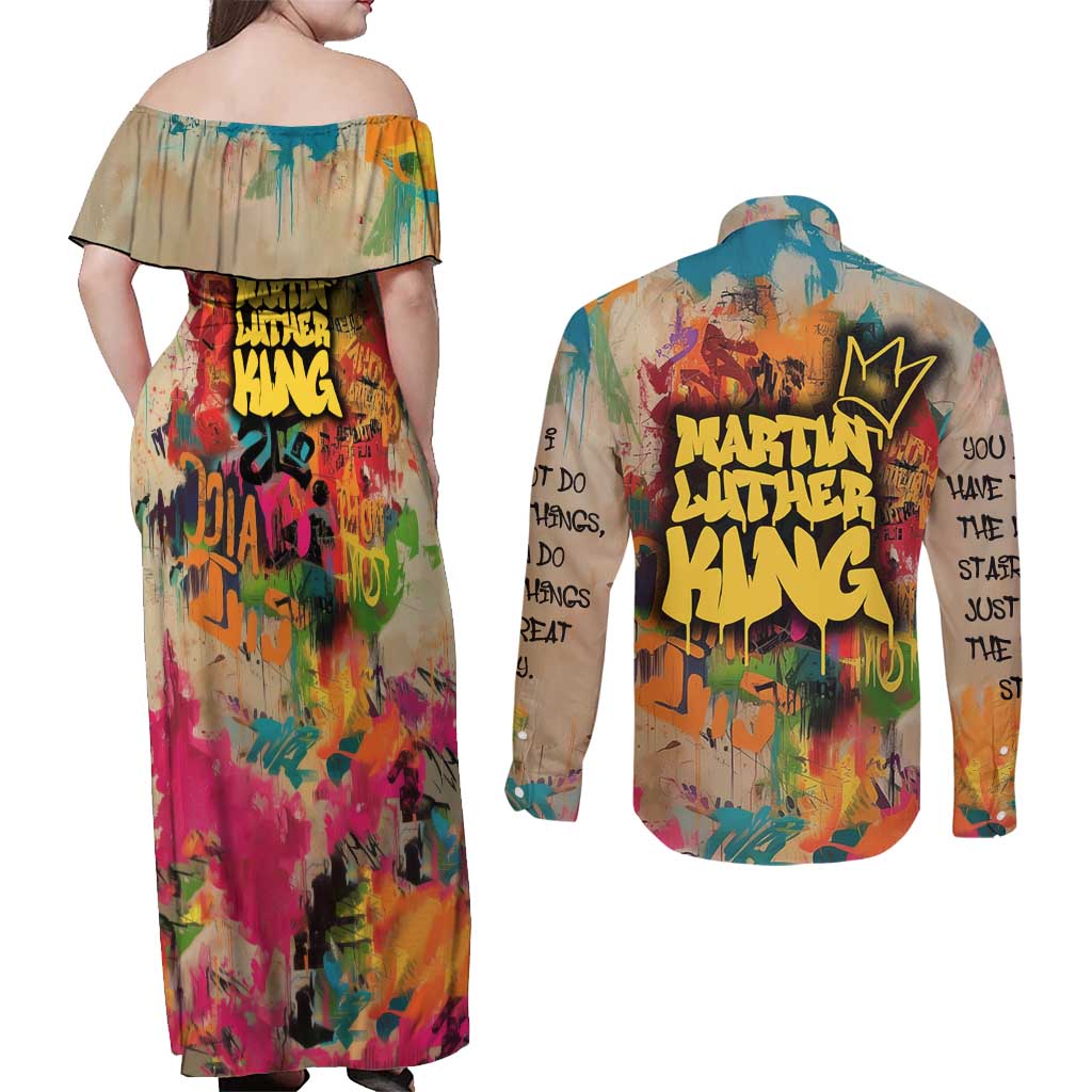 Martin Luther King Graffiti Style Graphic Couples Matching Off Shoulder Maxi Dress and Long Sleeve Button Shirt with Colorful Spray Paint Quotes and Crown Detail - Wonder Print Shop