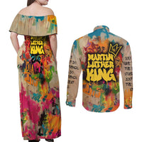 Martin Luther King Graffiti Style Graphic Couples Matching Off Shoulder Maxi Dress and Long Sleeve Button Shirt with Colorful Spray Paint Quotes and Crown Detail - Wonder Print Shop