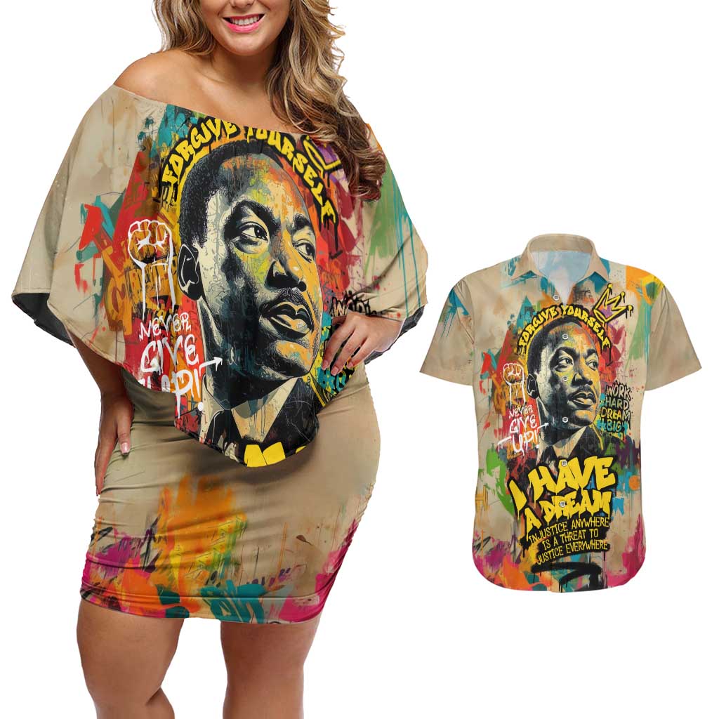 Martin Luther King Graffiti Style Graphic Couples Matching Off Shoulder Short Dress and Hawaiian Shirt with Colorful Spray Paint Quotes and Crown Detail - Wonder Print Shop