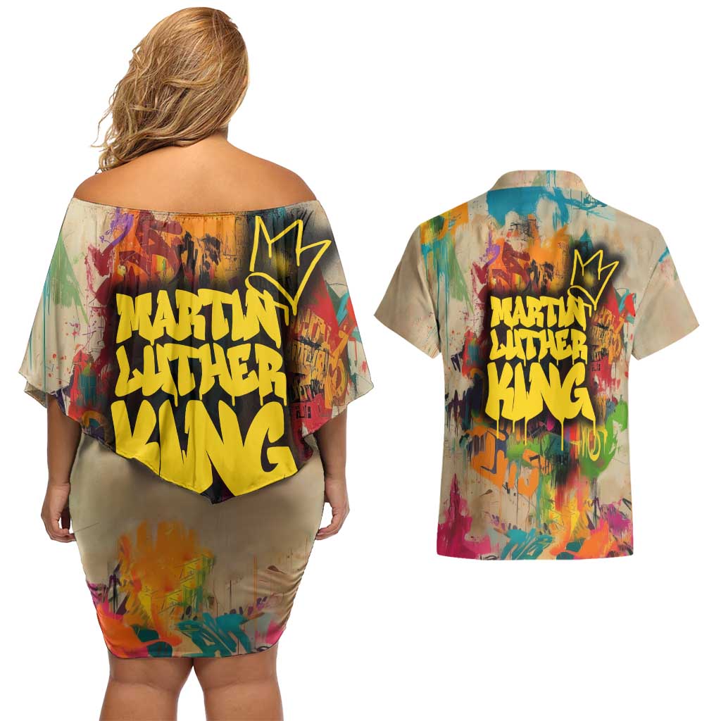 Martin Luther King Graffiti Style Graphic Couples Matching Off Shoulder Short Dress and Hawaiian Shirt with Colorful Spray Paint Quotes and Crown Detail - Wonder Print Shop