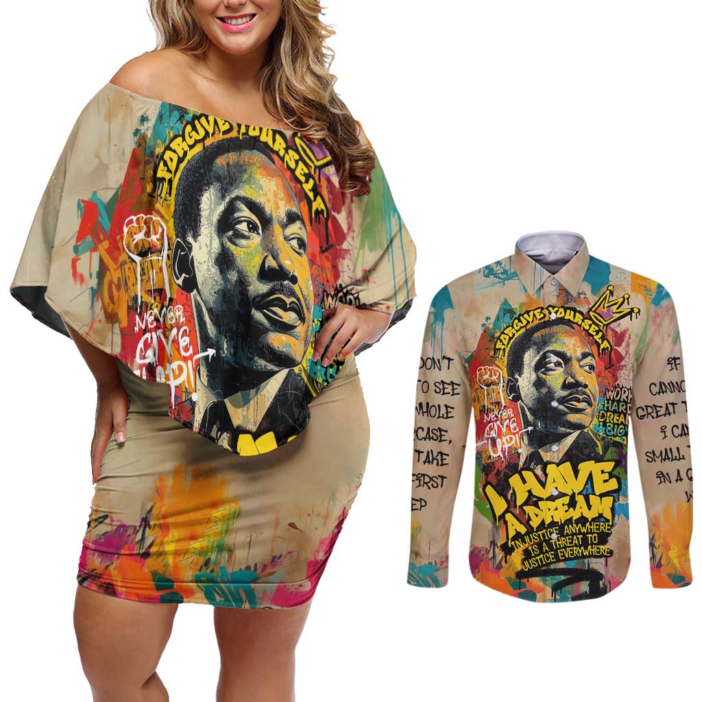 Martin Luther King Graffiti Style Graphic Couples Matching Off Shoulder Short Dress and Long Sleeve Button Shirt with Colorful Spray Paint Quotes and Crown Detail - Wonder Print Shop