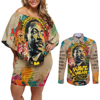 Martin Luther King Graffiti Style Graphic Couples Matching Off Shoulder Short Dress and Long Sleeve Button Shirt with Colorful Spray Paint Quotes and Crown Detail - Wonder Print Shop