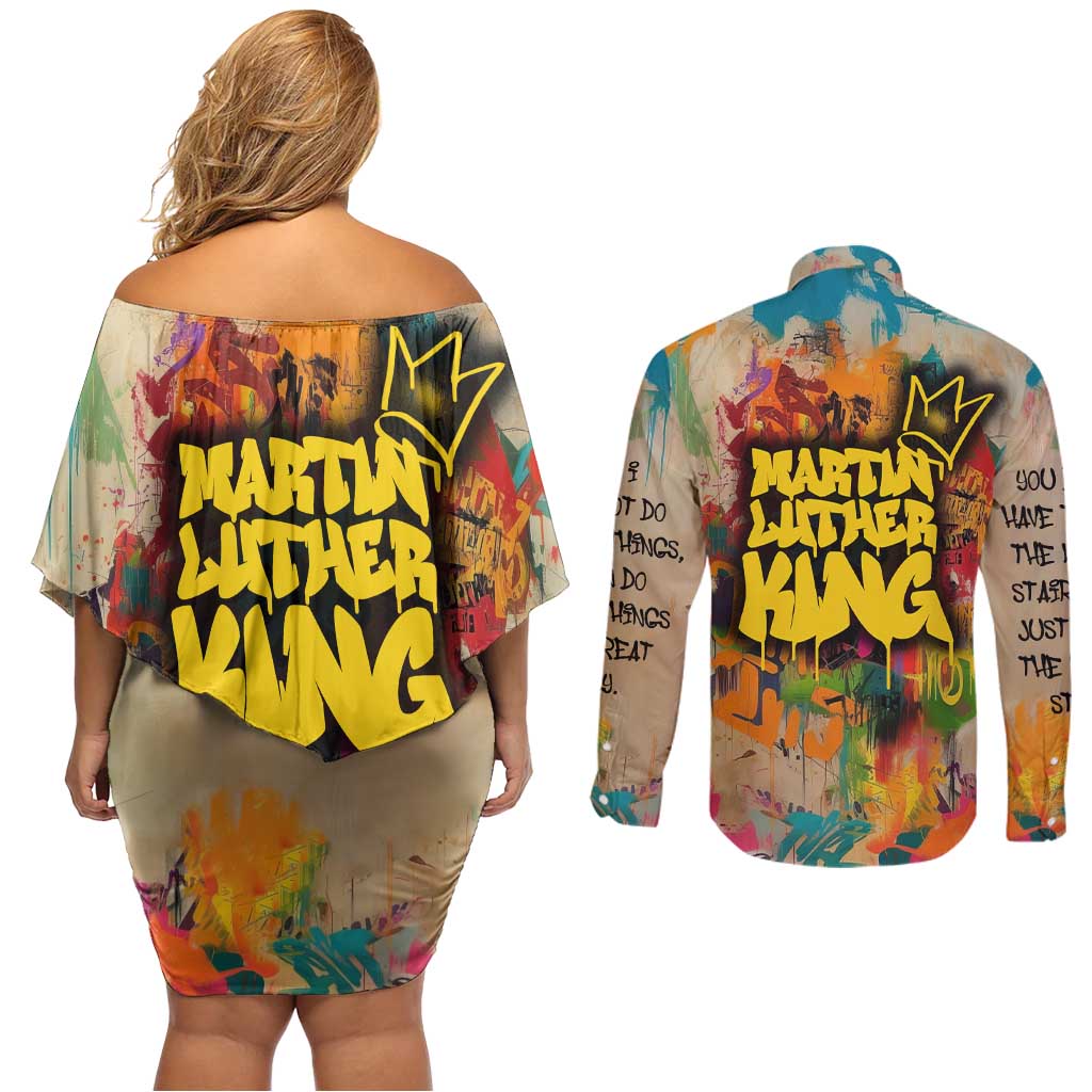 Martin Luther King Graffiti Style Graphic Couples Matching Off Shoulder Short Dress and Long Sleeve Button Shirt with Colorful Spray Paint Quotes and Crown Detail - Wonder Print Shop
