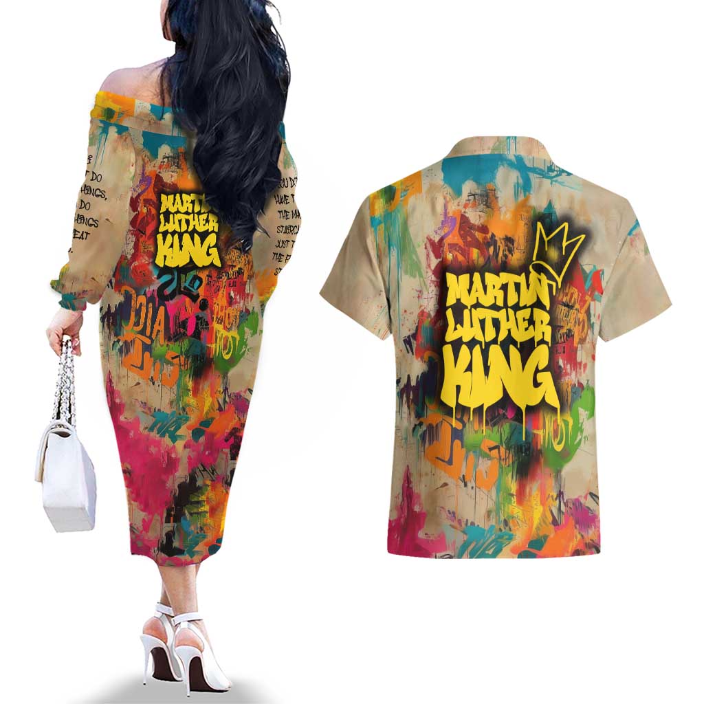 Martin Luther King Graffiti Style Graphic Couples Matching Off The Shoulder Long Sleeve Dress and Hawaiian Shirt with Colorful Spray Paint Quotes and Crown Detail - Wonder Print Shop