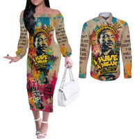 Martin Luther King Graffiti Style Graphic Couples Matching Off The Shoulder Long Sleeve Dress and Long Sleeve Button Shirt with Colorful Spray Paint Quotes and Crown Detail - Wonder Print Shop