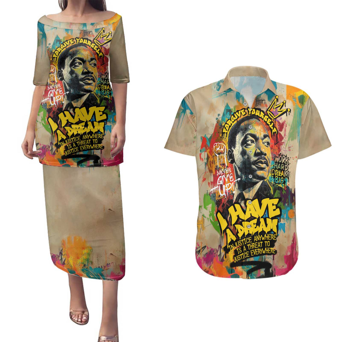 Martin Luther King Graffiti Style Graphic Couples Matching Puletasi and Hawaiian Shirt with Colorful Spray Paint Quotes and Crown Detail - Wonder Print Shop