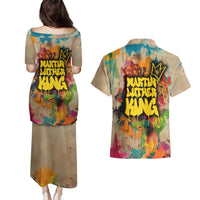 Martin Luther King Graffiti Style Graphic Couples Matching Puletasi and Hawaiian Shirt with Colorful Spray Paint Quotes and Crown Detail - Wonder Print Shop