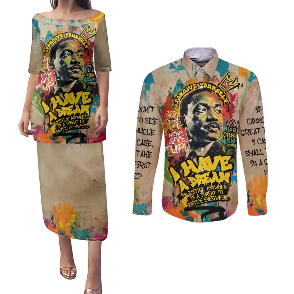 Martin Luther King Graffiti Style Graphic Couples Matching Puletasi and Long Sleeve Button Shirt with Colorful Spray Paint Quotes and Crown Detail - Wonder Print Shop