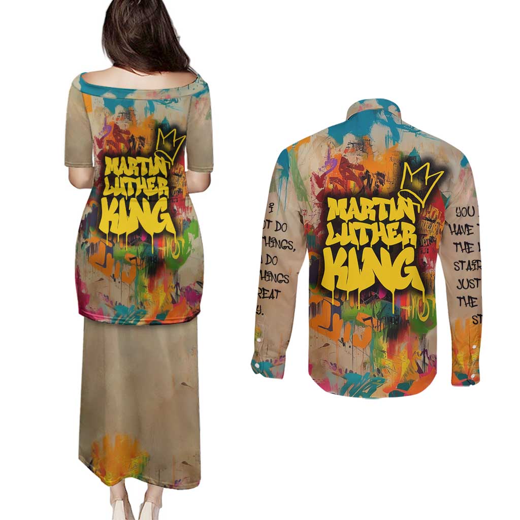 Martin Luther King Graffiti Style Graphic Couples Matching Puletasi and Long Sleeve Button Shirt with Colorful Spray Paint Quotes and Crown Detail - Wonder Print Shop