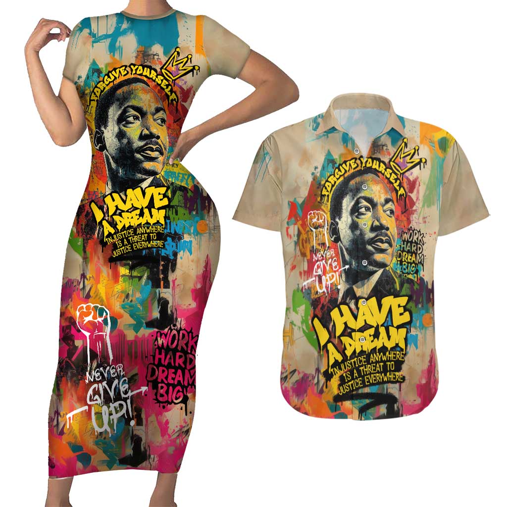 Martin Luther King Graffiti Style Graphic Couples Matching Short Sleeve Bodycon Dress and Hawaiian Shirt with Colorful Spray Paint Quotes and Crown Detail - Wonder Print Shop