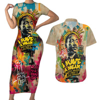 Martin Luther King Graffiti Style Graphic Couples Matching Short Sleeve Bodycon Dress and Hawaiian Shirt with Colorful Spray Paint Quotes and Crown Detail - Wonder Print Shop