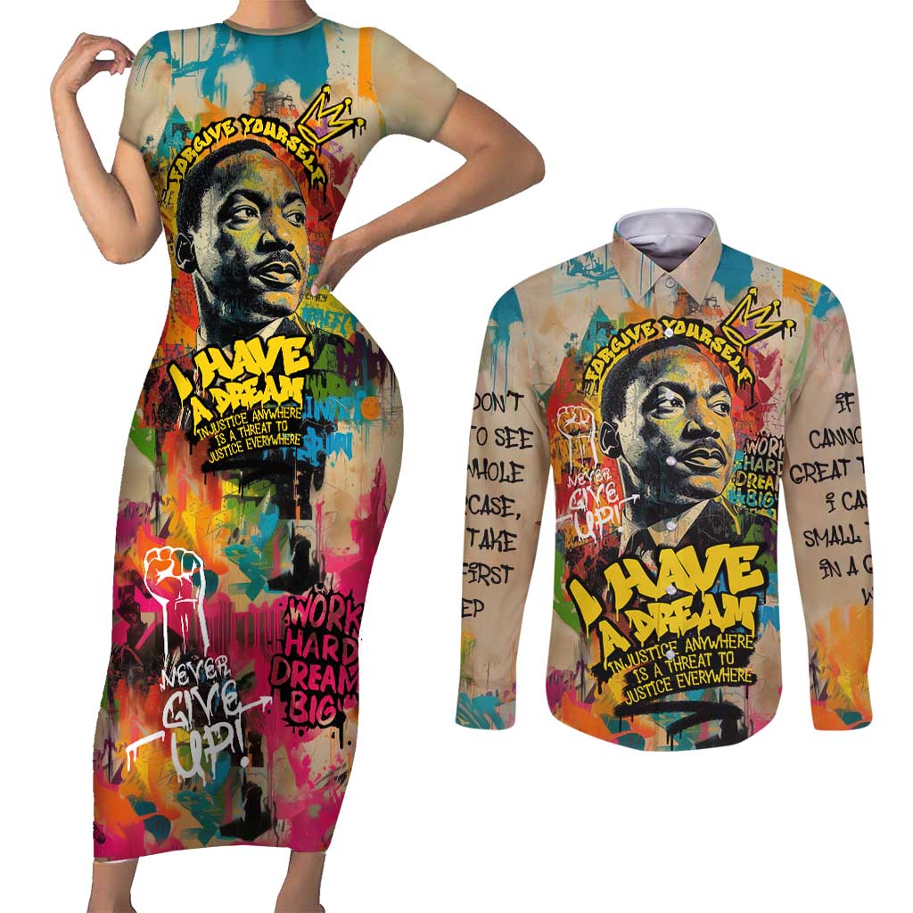 Martin Luther King Graffiti Style Graphic Couples Matching Short Sleeve Bodycon Dress and Long Sleeve Button Shirt with Colorful Spray Paint Quotes and Crown Detail - Wonder Print Shop
