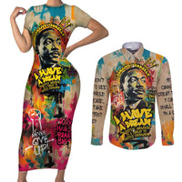Martin Luther King Graffiti Style Graphic Couples Matching Short Sleeve Bodycon Dress and Long Sleeve Button Shirt with Colorful Spray Paint Quotes and Crown Detail - Wonder Print Shop