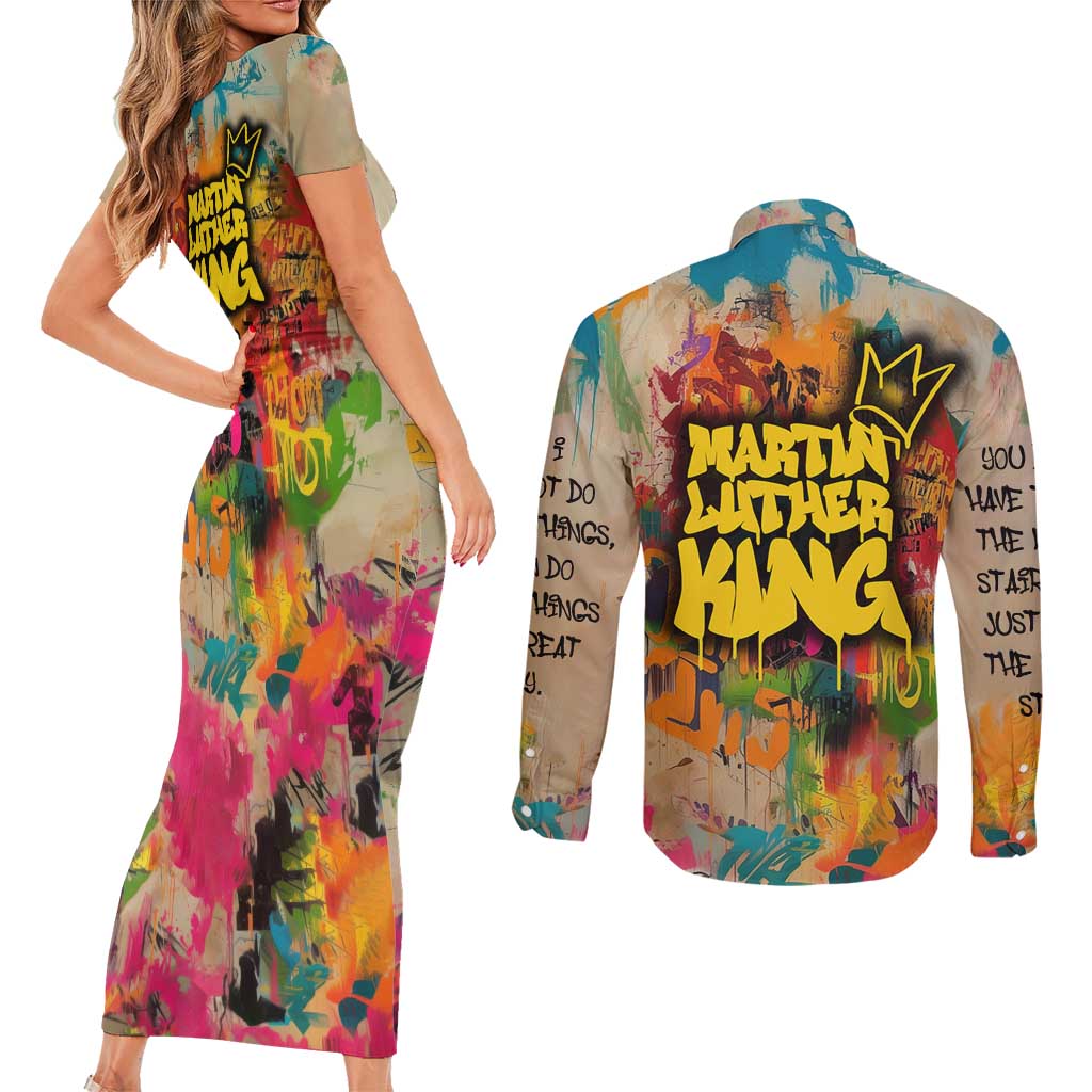 Martin Luther King Graffiti Style Graphic Couples Matching Short Sleeve Bodycon Dress and Long Sleeve Button Shirt with Colorful Spray Paint Quotes and Crown Detail - Wonder Print Shop
