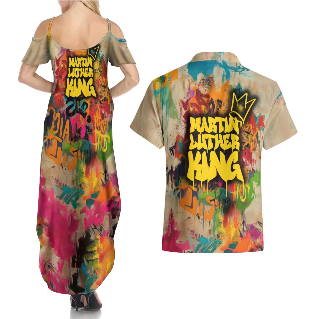 Martin Luther King Graffiti Style Graphic Couples Matching Summer Maxi Dress and Hawaiian Shirt with Colorful Spray Paint Quotes and Crown Detail - Wonder Print Shop