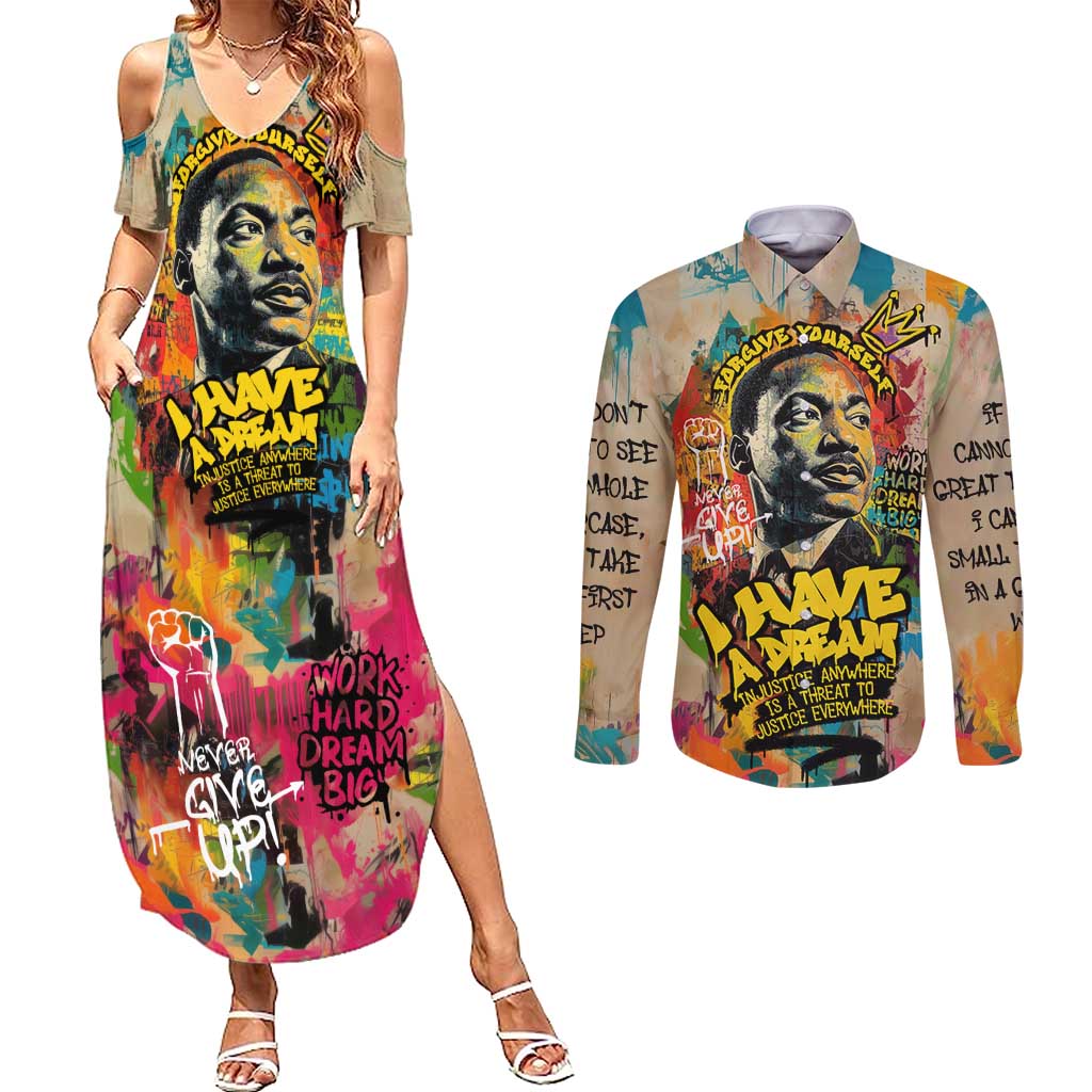 Martin Luther King Graffiti Style Graphic Couples Matching Summer Maxi Dress and Long Sleeve Button Shirt with Colorful Spray Paint Quotes and Crown Detail - Wonder Print Shop