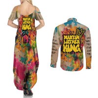 Martin Luther King Graffiti Style Graphic Couples Matching Summer Maxi Dress and Long Sleeve Button Shirt with Colorful Spray Paint Quotes and Crown Detail - Wonder Print Shop
