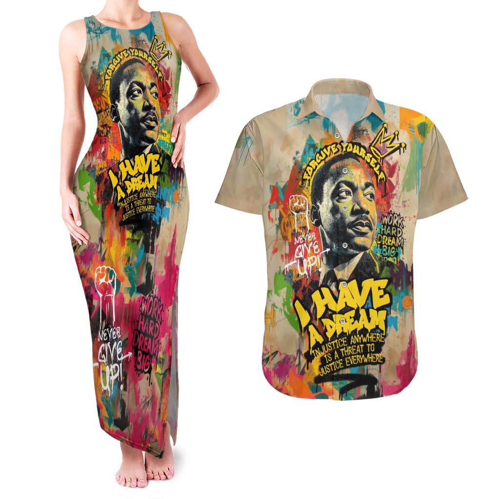 Martin Luther King Graffiti Style Graphic Couples Matching Tank Maxi Dress and Hawaiian Shirt with Colorful Spray Paint Quotes and Crown Detail - Wonder Print Shop