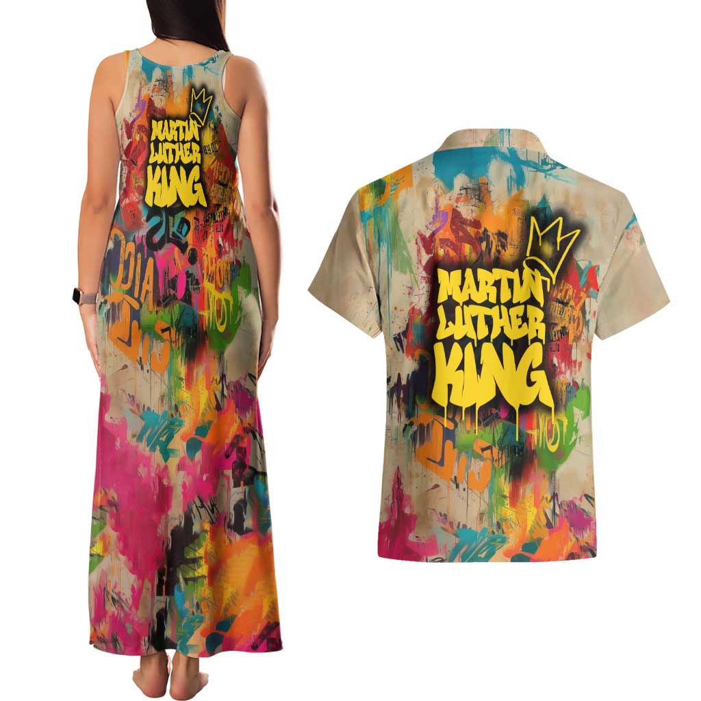 Martin Luther King Graffiti Style Graphic Couples Matching Tank Maxi Dress and Hawaiian Shirt with Colorful Spray Paint Quotes and Crown Detail - Wonder Print Shop