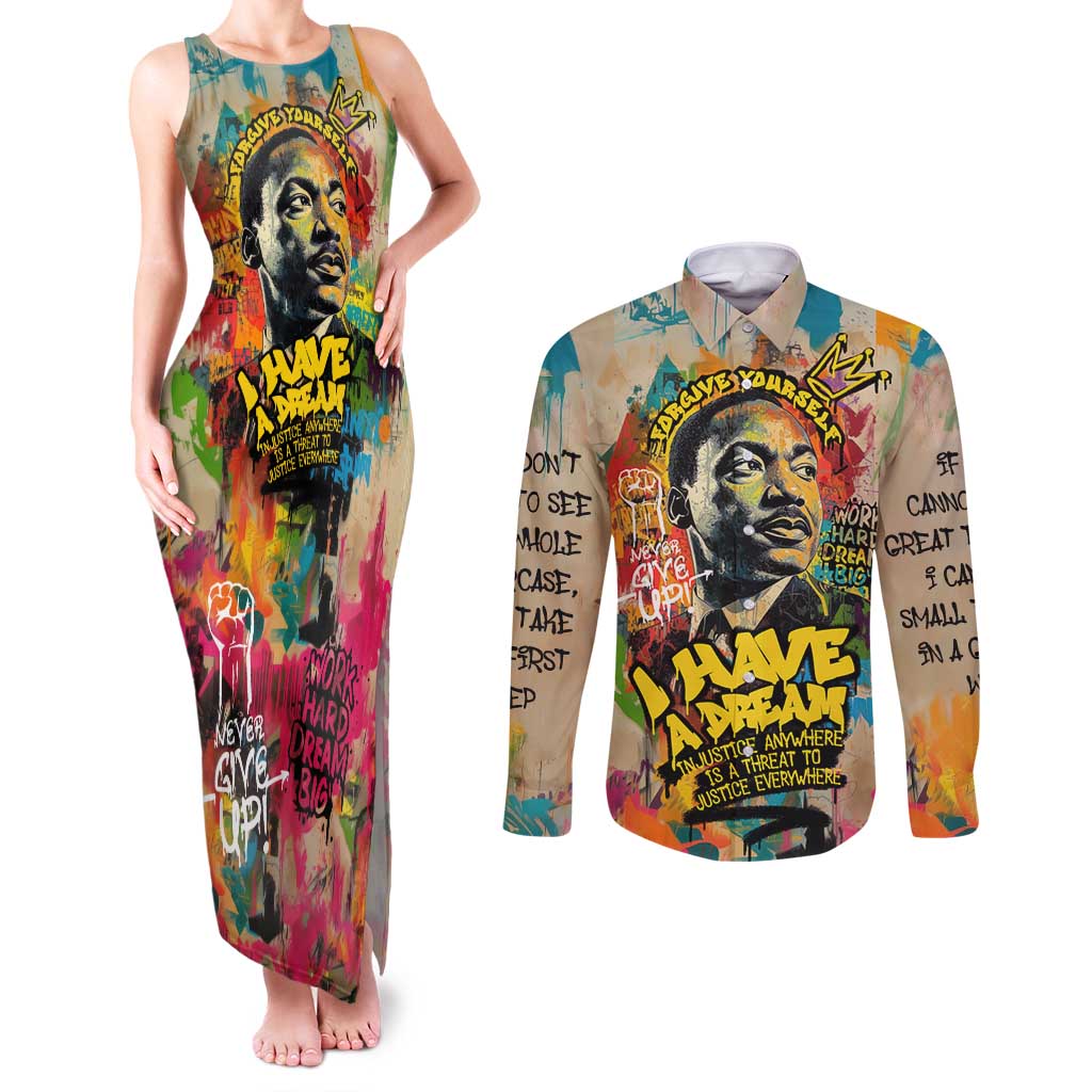 Martin Luther King Graffiti Style Graphic Couples Matching Tank Maxi Dress and Long Sleeve Button Shirt with Colorful Spray Paint Quotes and Crown Detail - Wonder Print Shop