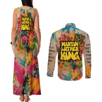 Martin Luther King Graffiti Style Graphic Couples Matching Tank Maxi Dress and Long Sleeve Button Shirt with Colorful Spray Paint Quotes and Crown Detail - Wonder Print Shop