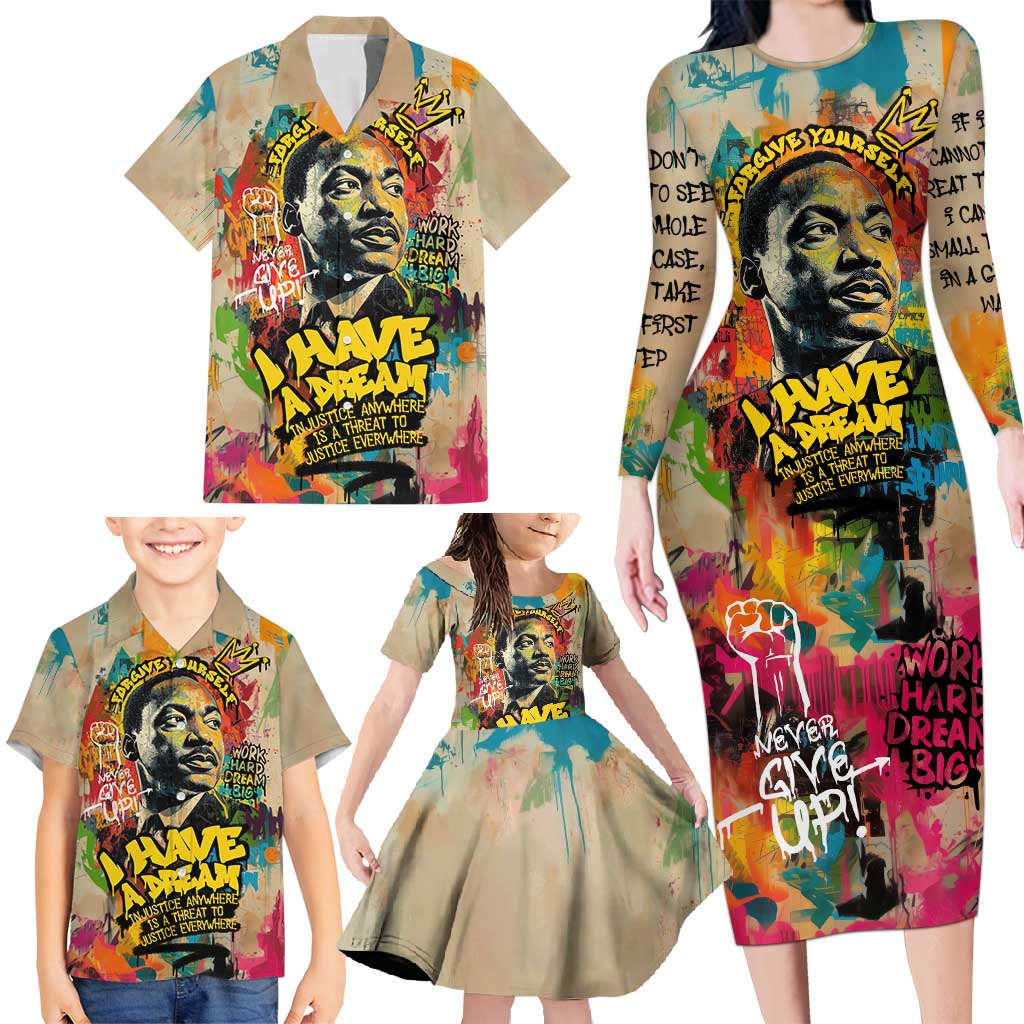 Martin Luther King Graffiti Style Graphic Family Matching Long Sleeve Bodycon Dress and Hawaiian Shirt with Colorful Spray Paint Quotes and Crown Detail - Wonder Print Shop