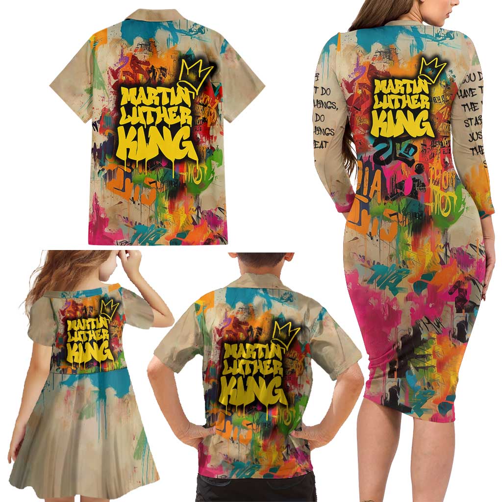 Martin Luther King Graffiti Style Graphic Family Matching Long Sleeve Bodycon Dress and Hawaiian Shirt with Colorful Spray Paint Quotes and Crown Detail - Wonder Print Shop