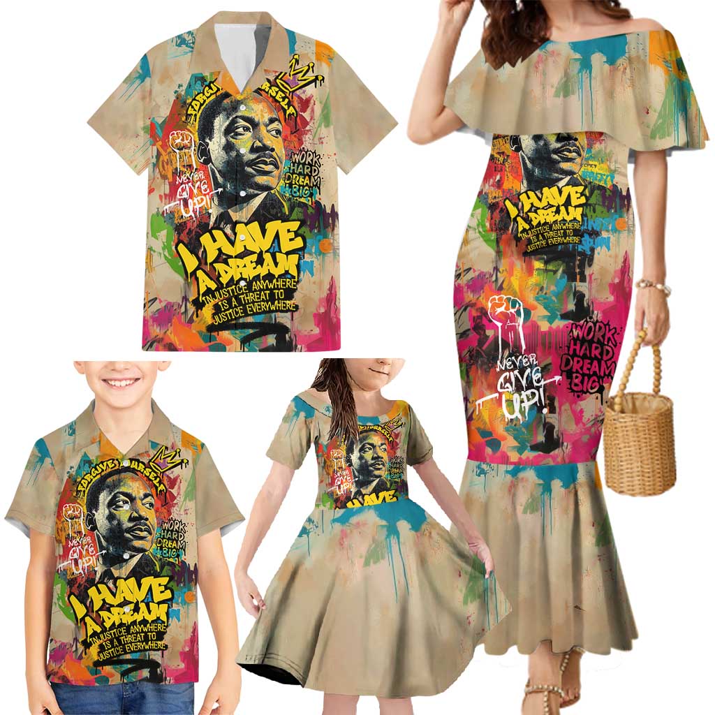 Martin Luther King Graffiti Style Graphic Family Matching Mermaid Dress and Hawaiian Shirt with Colorful Spray Paint Quotes and Crown Detail - Wonder Print Shop