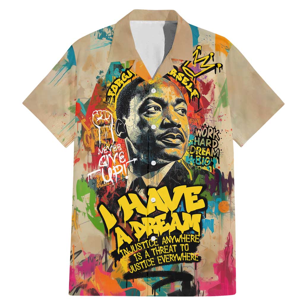 Martin Luther King Graffiti Style Graphic Family Matching Mermaid Dress and Hawaiian Shirt with Colorful Spray Paint Quotes and Crown Detail - Wonder Print Shop
