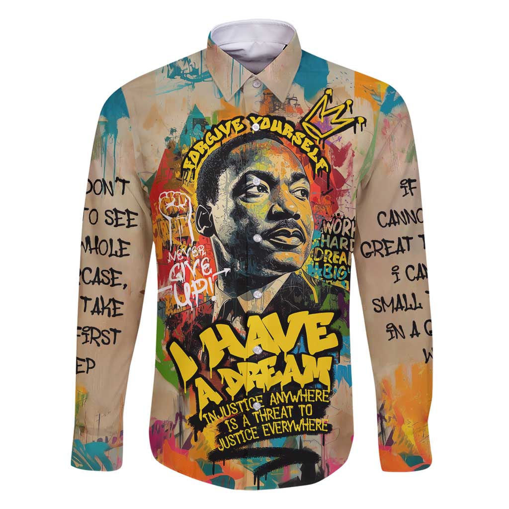 Martin Luther King Graffiti Style Graphic Family Matching Mermaid Dress and Hawaiian Shirt with Colorful Spray Paint Quotes and Crown Detail - Wonder Print Shop