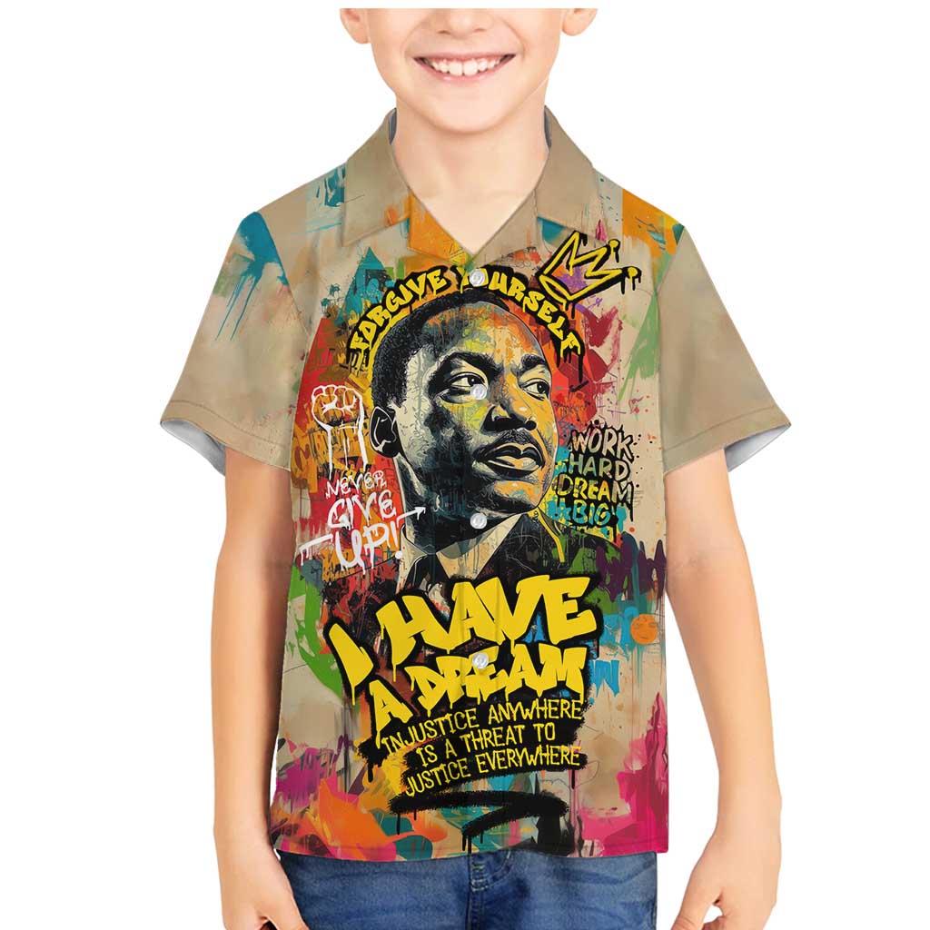 Martin Luther King Graffiti Style Graphic Family Matching Mermaid Dress and Hawaiian Shirt with Colorful Spray Paint Quotes and Crown Detail - Wonder Print Shop