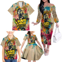 Martin Luther King Graffiti Style Graphic Family Matching Off The Shoulder Long Sleeve Dress and Hawaiian Shirt with Colorful Spray Paint Quotes and Crown Detail - Wonder Print Shop