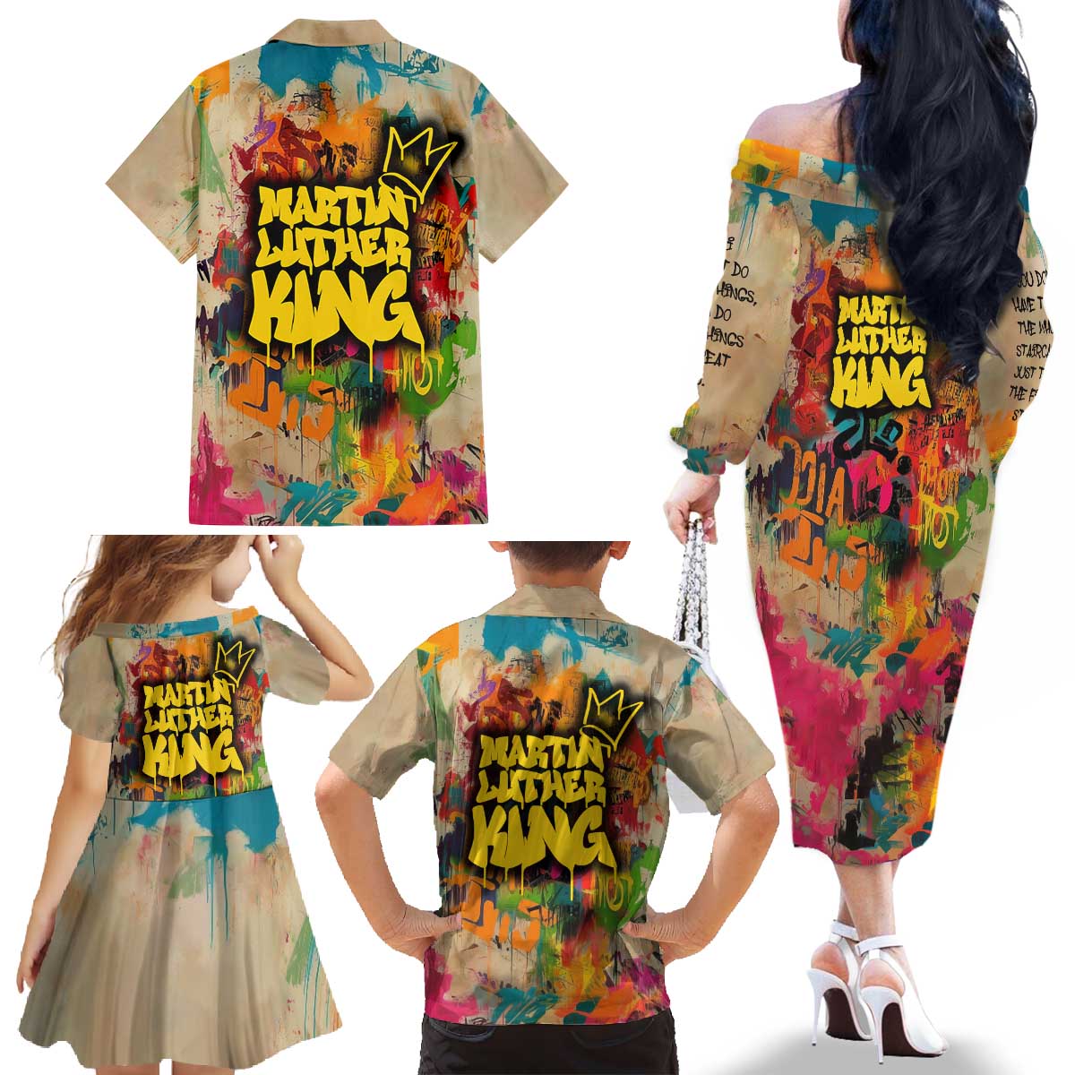 Martin Luther King Graffiti Style Graphic Family Matching Off The Shoulder Long Sleeve Dress and Hawaiian Shirt with Colorful Spray Paint Quotes and Crown Detail - Wonder Print Shop