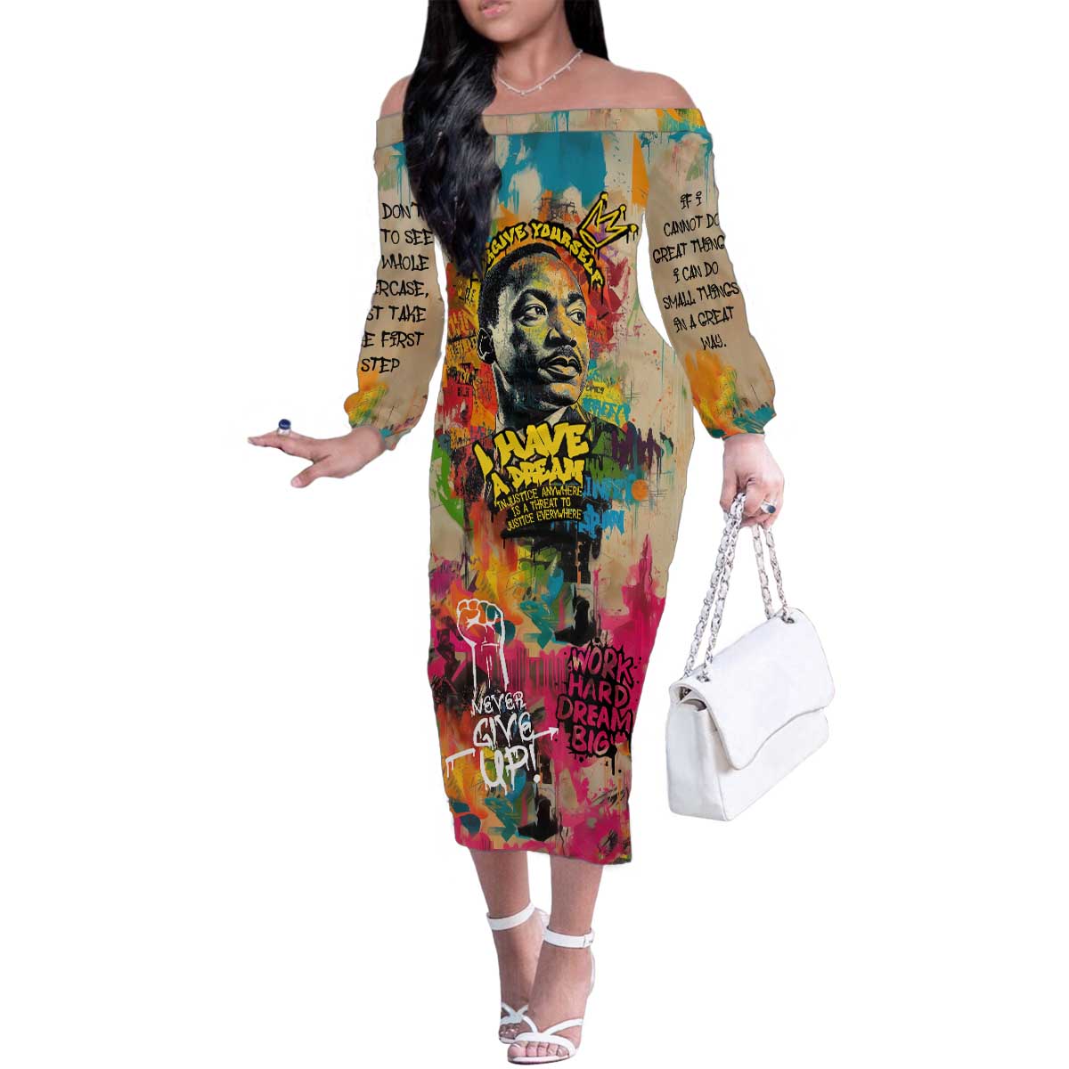 Martin Luther King Graffiti Style Graphic Family Matching Off The Shoulder Long Sleeve Dress and Hawaiian Shirt with Colorful Spray Paint Quotes and Crown Detail - Wonder Print Shop