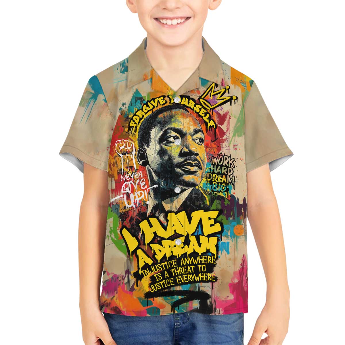 Martin Luther King Graffiti Style Graphic Family Matching Off The Shoulder Long Sleeve Dress and Hawaiian Shirt with Colorful Spray Paint Quotes and Crown Detail - Wonder Print Shop